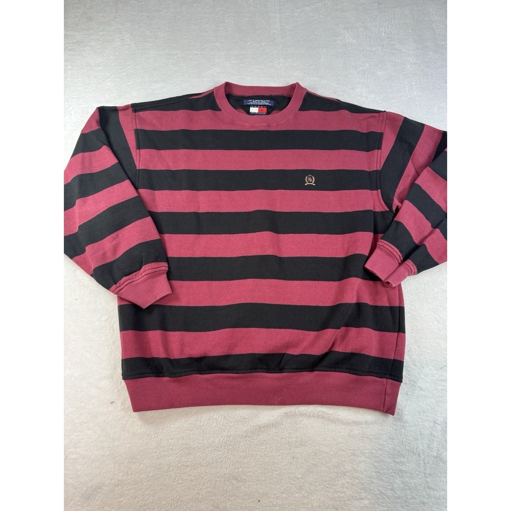 Tommy Hilfiger Men's‎ Burgundy Striped Sweatshirt Medium Crest Preppy Old Money